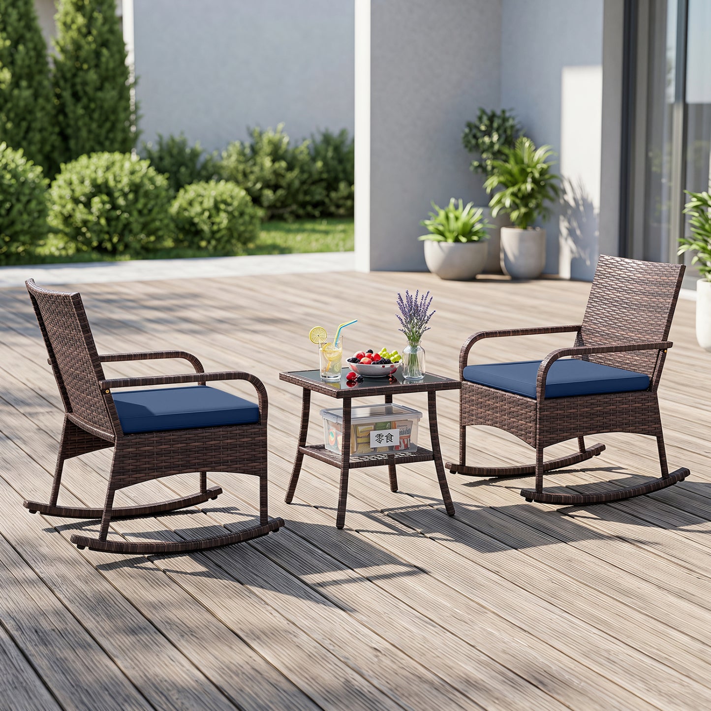 3-Piece Rocking Bistro Set with Cushions & Side Table