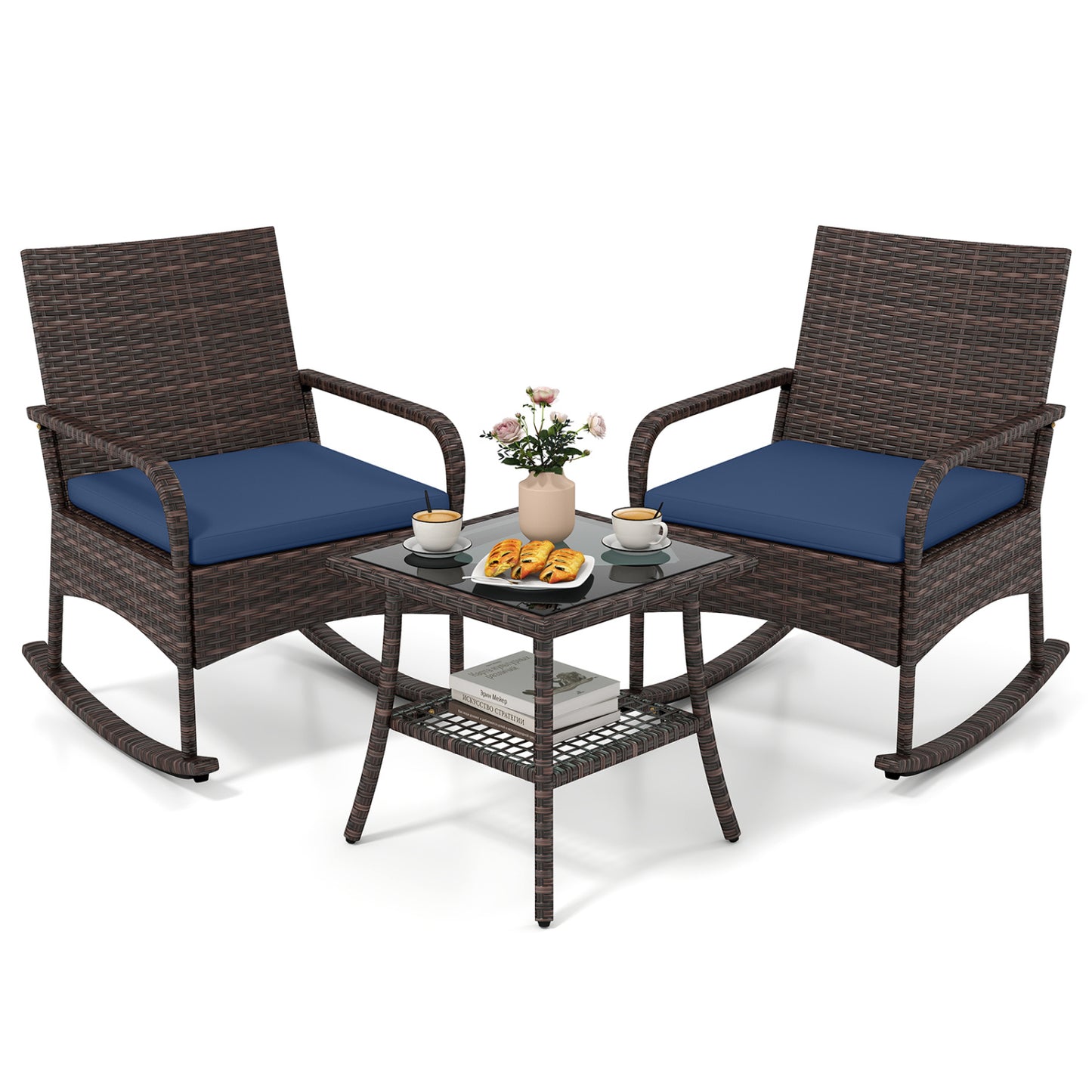 3-Piece Rocking Bistro Set with Cushions & Side Table