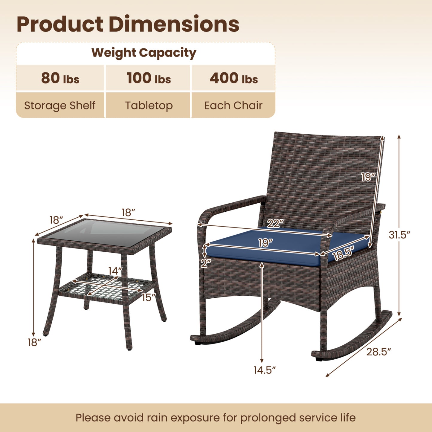 3-Piece Rocking Bistro Set with Cushions & Side Table