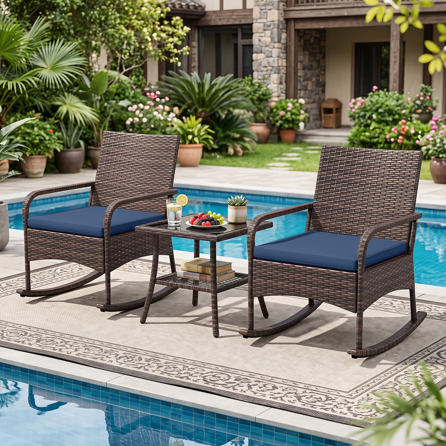 3-Piece Rocking Bistro Set with Cushions & Side Table