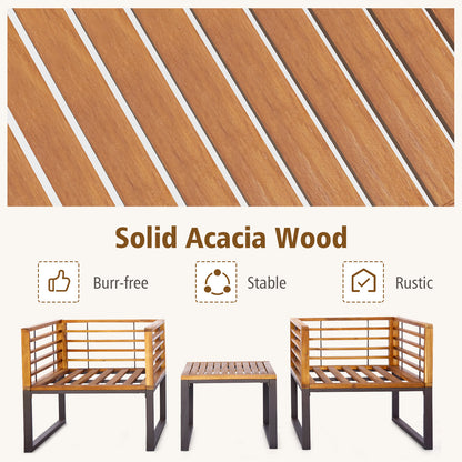 3 Pieces Patio Acacia Wood Conversation Set with Cushioned Armchairs-Navy