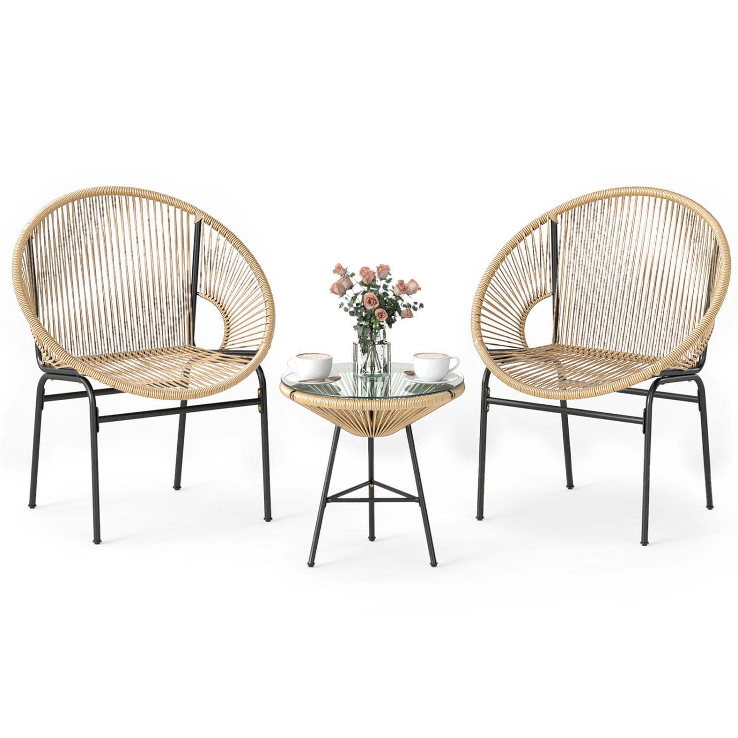3 Pieces Patio Acapulco Furniture Bistro Set with Glass Table-Gray - Brown
