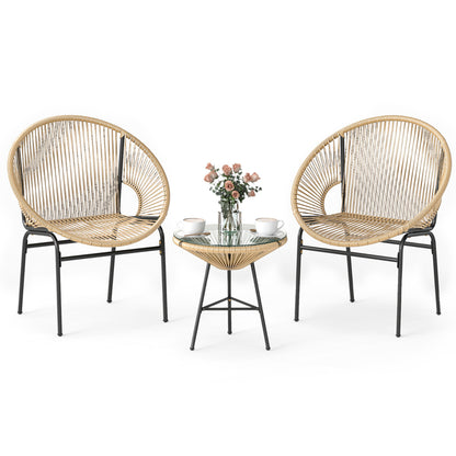 3 Pieces Patio Acapulco Furniture Bistro Set with Glass Table-Gray - Brown
