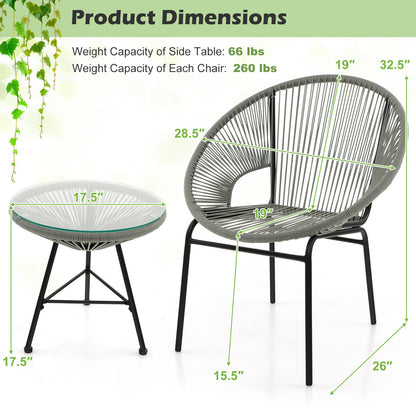 3PCS Patio Acapulco Furniture Bistro Set with GlassTable-Black