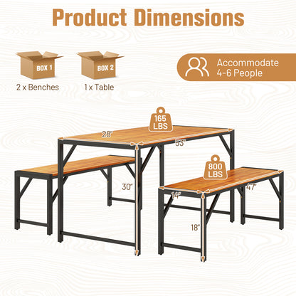 3 Pieces Patio Dining Set with Acacia Wood Dining Table and 2 Benches
