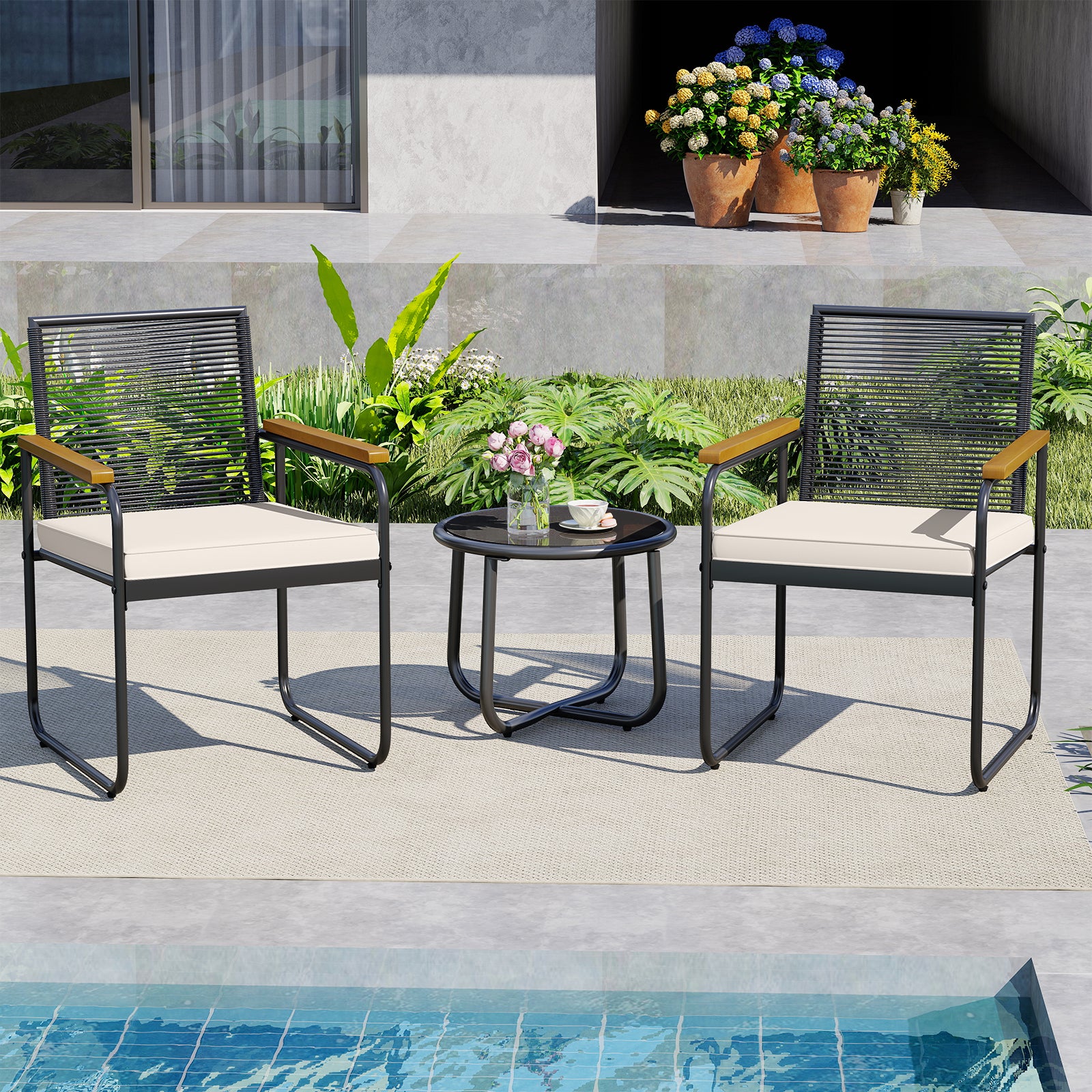 3 Pieces Patio Furniture Set PE Rattan Porch Chairs with Round Tempered Glass Top Table-White