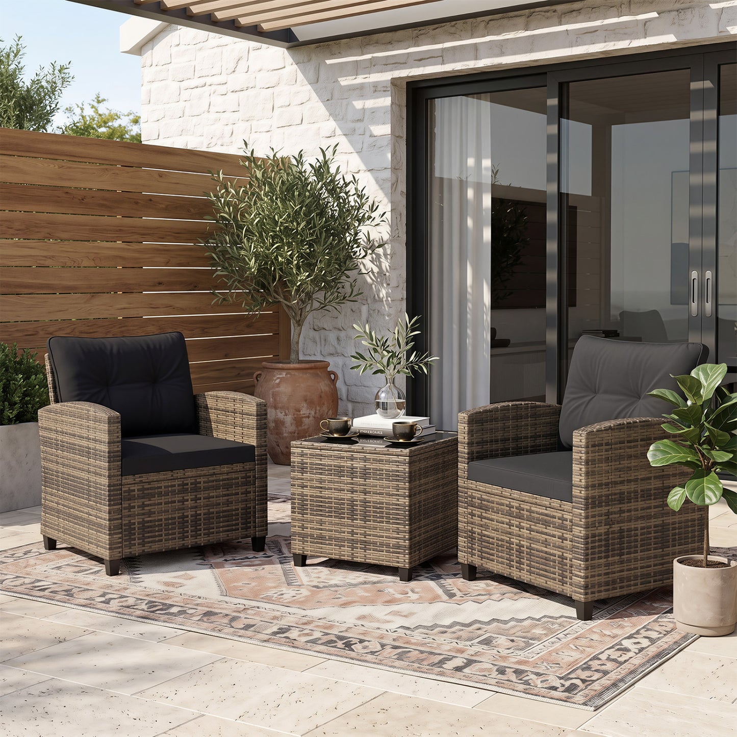 3-Piece Patio Conversation Set with Tempered Glass Table