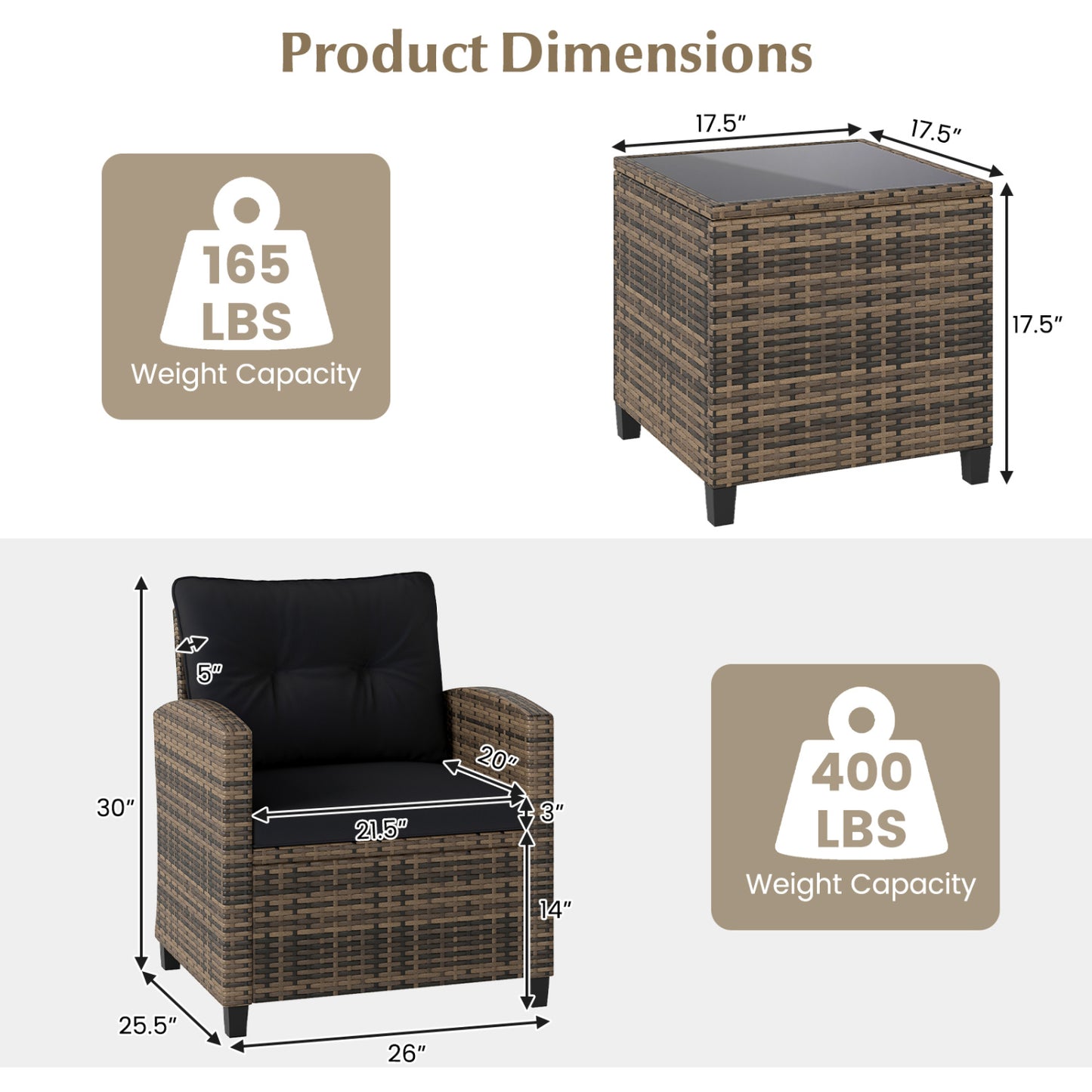 3-Piece Patio Conversation Set with Tempered Glass Table