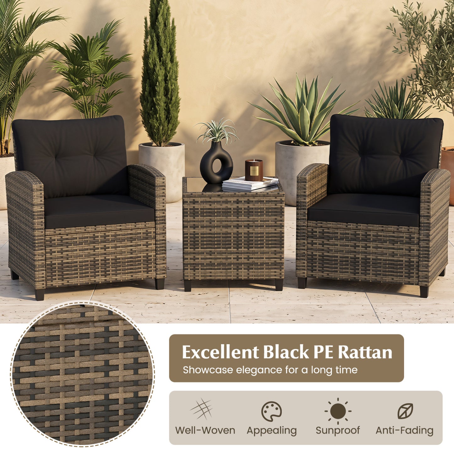3-Piece Patio Conversation Set with Tempered Glass Table