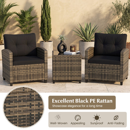 3-Piece Patio Conversation Set with Tempered Glass Table