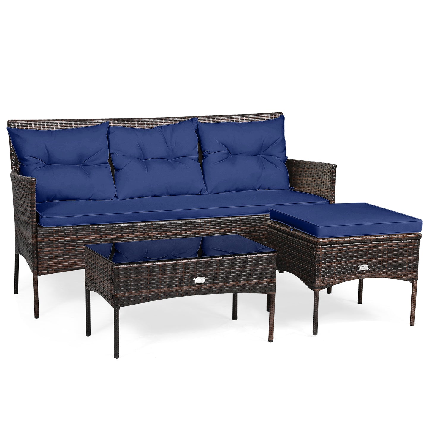3 Pieces Patio Furniture Sectional Set with 5 Cozy Cushions-Black - Navy