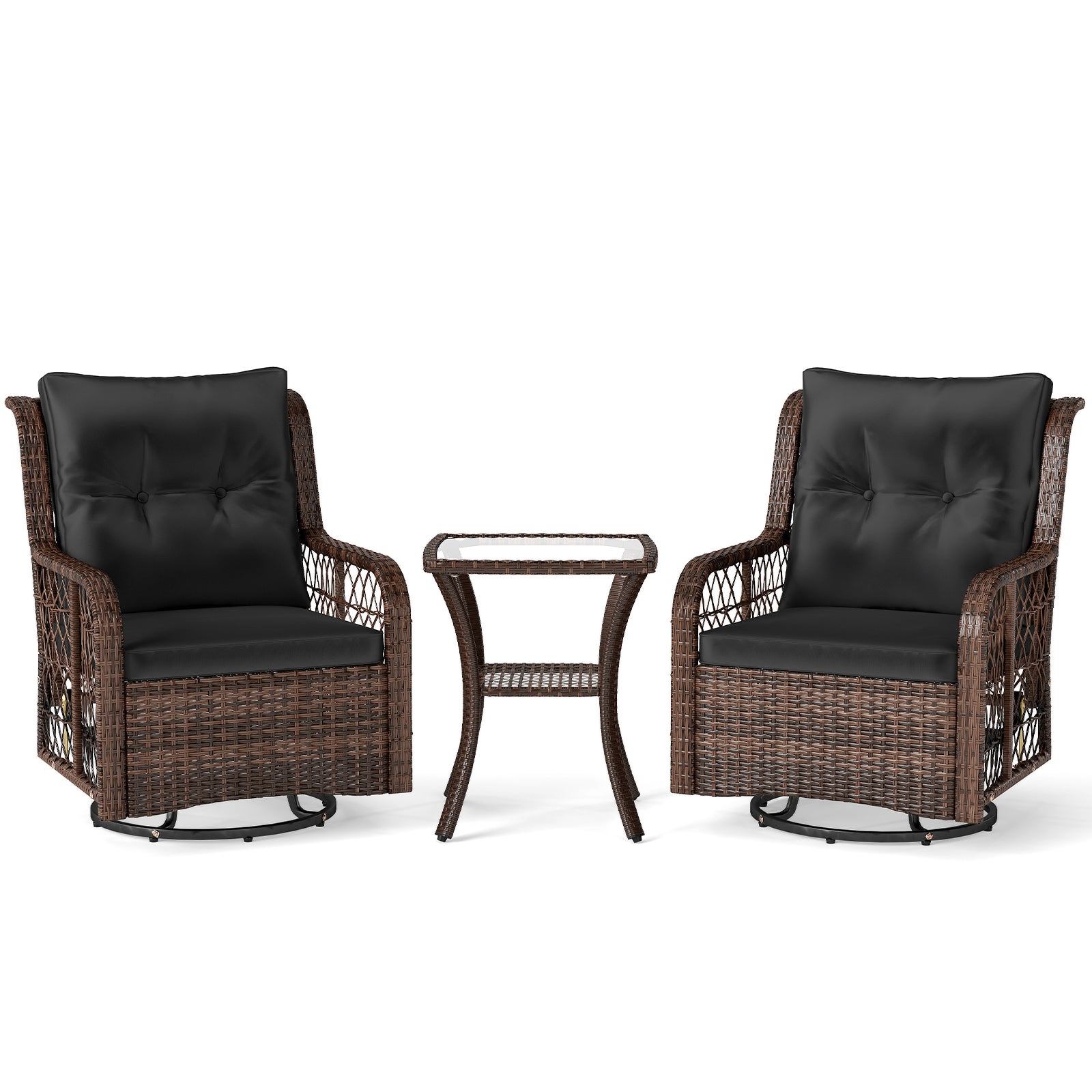 3 Pieces Patio Furniture Set PE Wicker Swivel Glider Chairs with 2-Tier Side Table and Cushions-Brown - Black