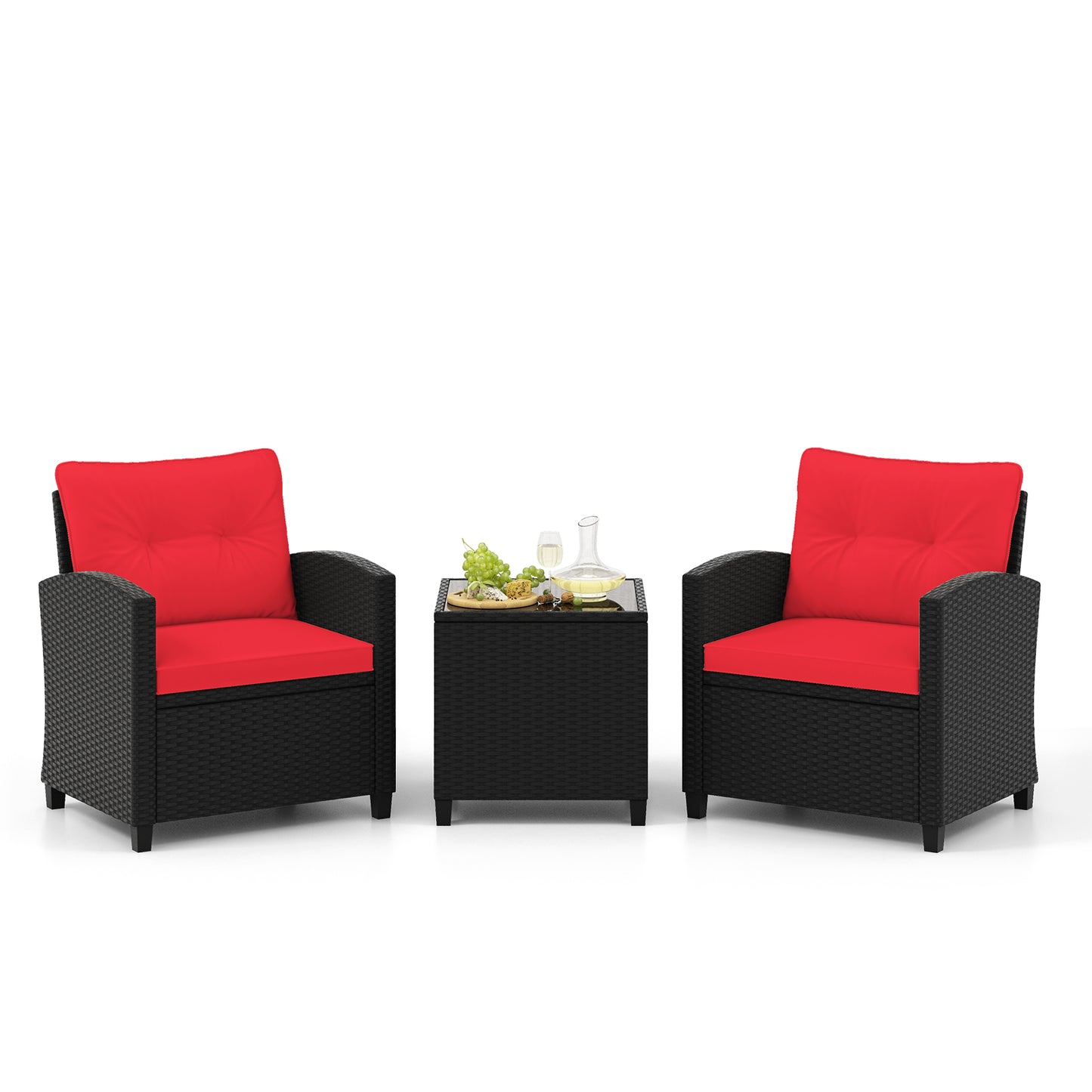 3 Pieces Patio Furniture Set with Tempered Glass Coffee Table-Off White - Red