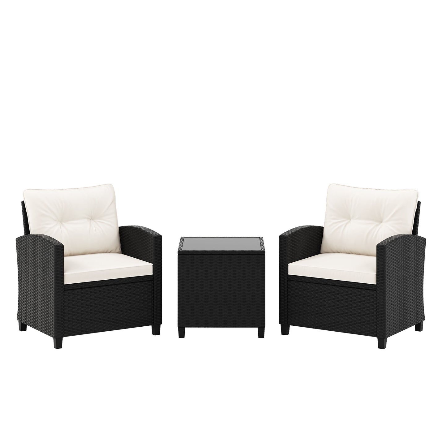 3 Pieces Patio Furniture Set with Tempered Glass Coffee Table-Off White - White