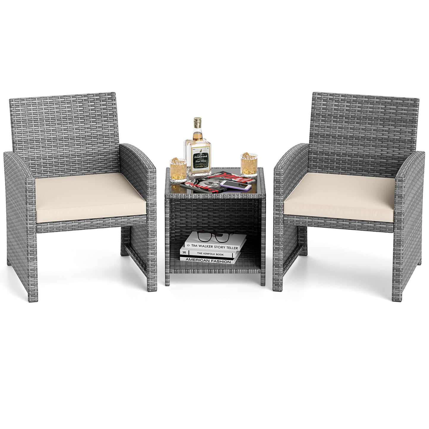 3 Pieces Patio Furniture Set with Tempered Glass Coffee Table and Soft Seat Cushions-Gray - White