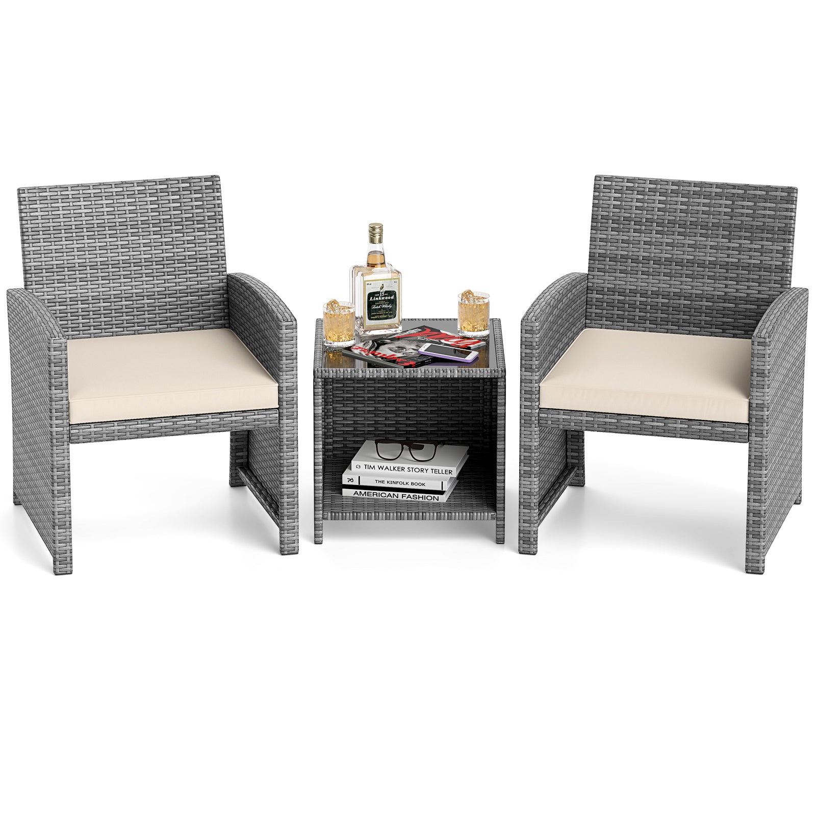 3 Pieces Patio Furniture Set with Tempered Glass Coffee Table and Soft Seat Cushions-Gray - White