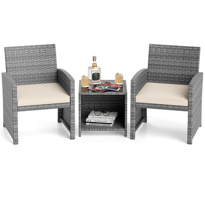 3 Pieces Patio Furniture Set with Tempered Glass Coffee Table and Soft Seat Cushions-Gray - White