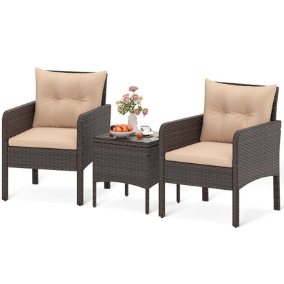 3 Pieces Patio PE Wicker Furniture Set with Cushions for Porch and Balcony-Beige