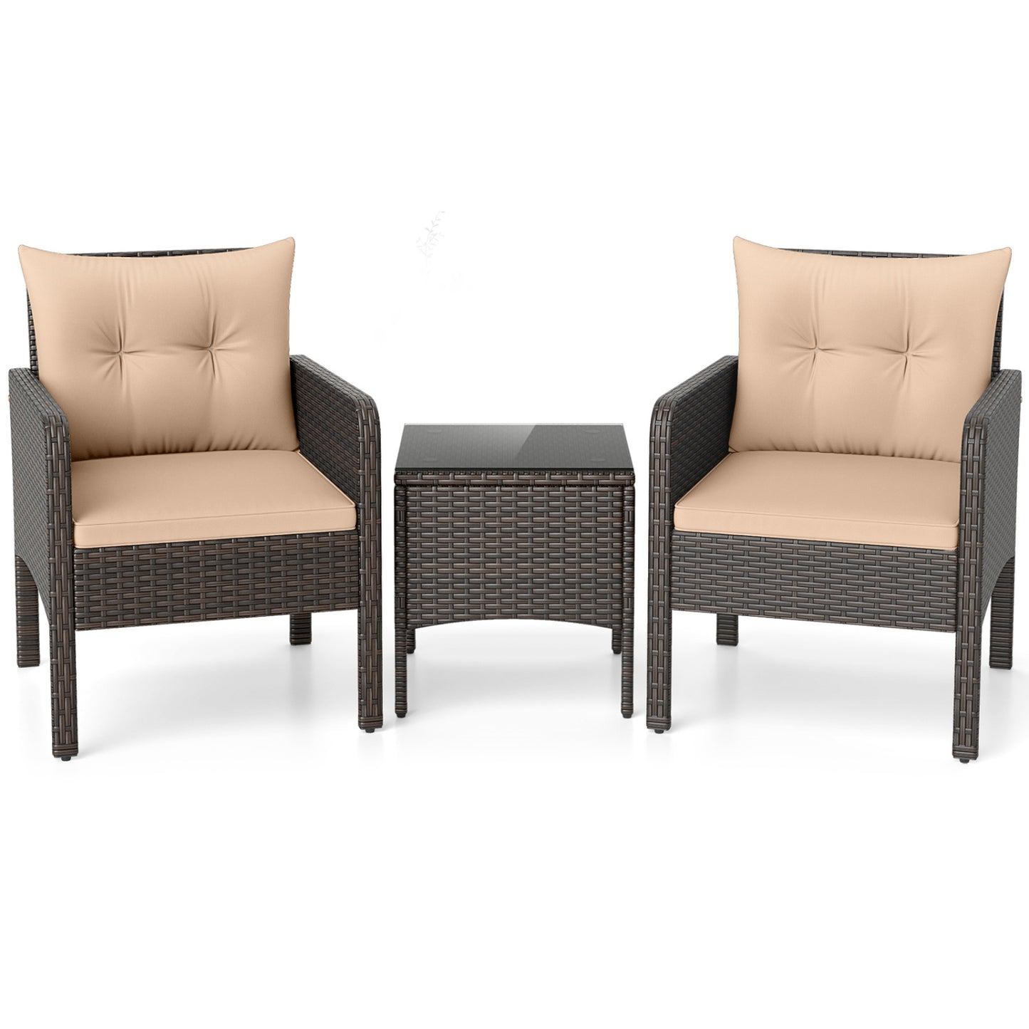 3 Pieces Patio PE Wicker Furniture Set with Cushions for Porch and Balcony-Beige