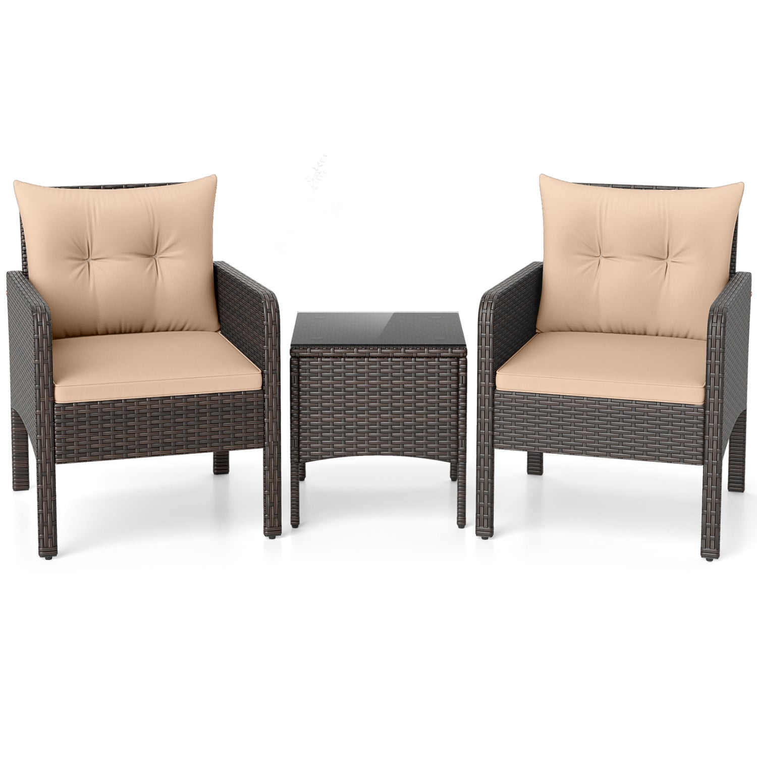3 Pieces Patio PE Wicker Furniture Set with Cushions for Porch and Balcony-Beige