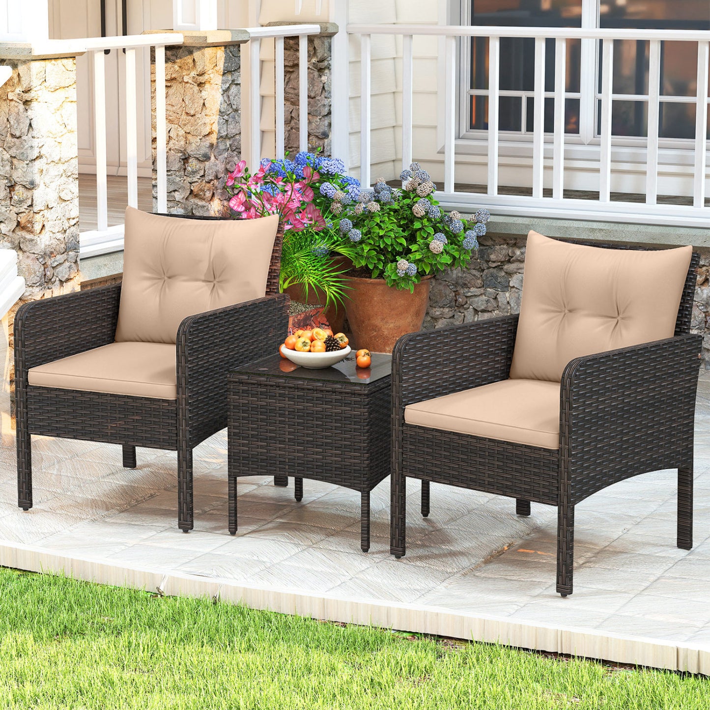 3 Pieces Patio PE Wicker Furniture Set with Cushions for Porch and Balcony-Beige