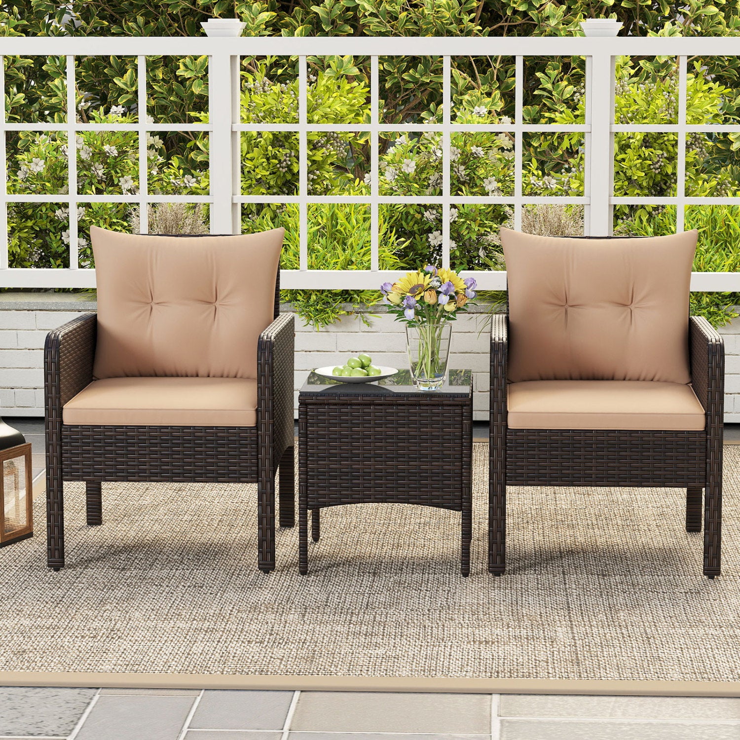 3 Pieces Patio PE Wicker Furniture Set with Cushions for Porch and Balcony-Beige