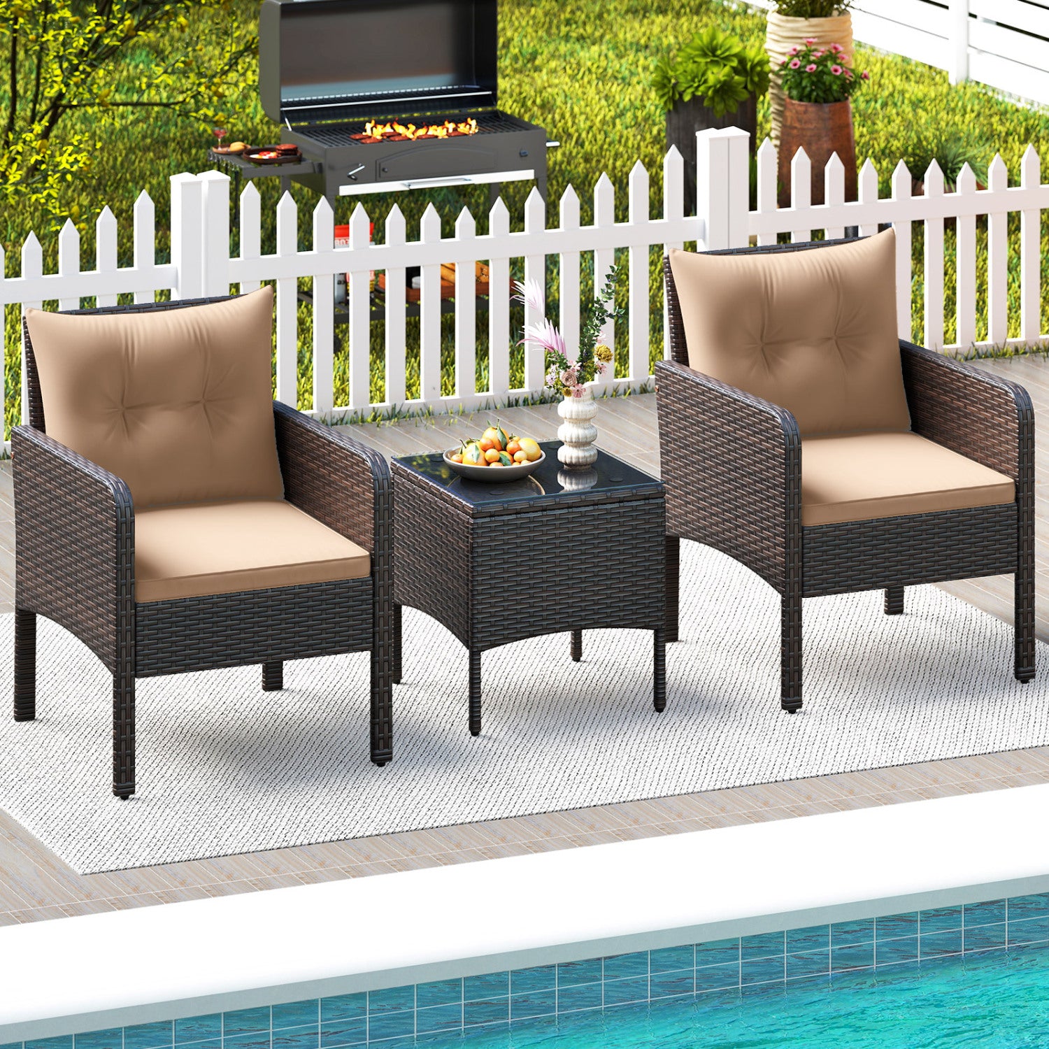 3 Pieces Patio PE Wicker Furniture Set with Cushions for Porch and Balcony-Beige