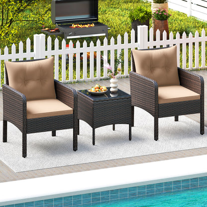 3 Pieces Patio PE Wicker Furniture Set with Cushions for Porch and Balcony-Beige