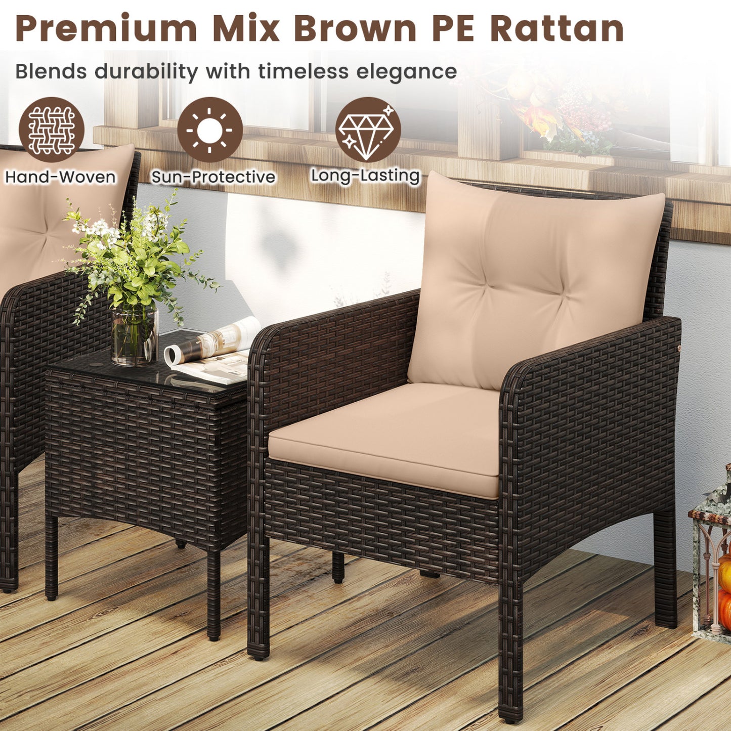 3 Pieces Patio PE Wicker Furniture Set with Cushions for Porch and Balcony-Beige
