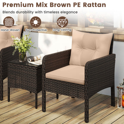 3 Pieces Patio PE Wicker Furniture Set with Cushions for Porch and Balcony-Beige