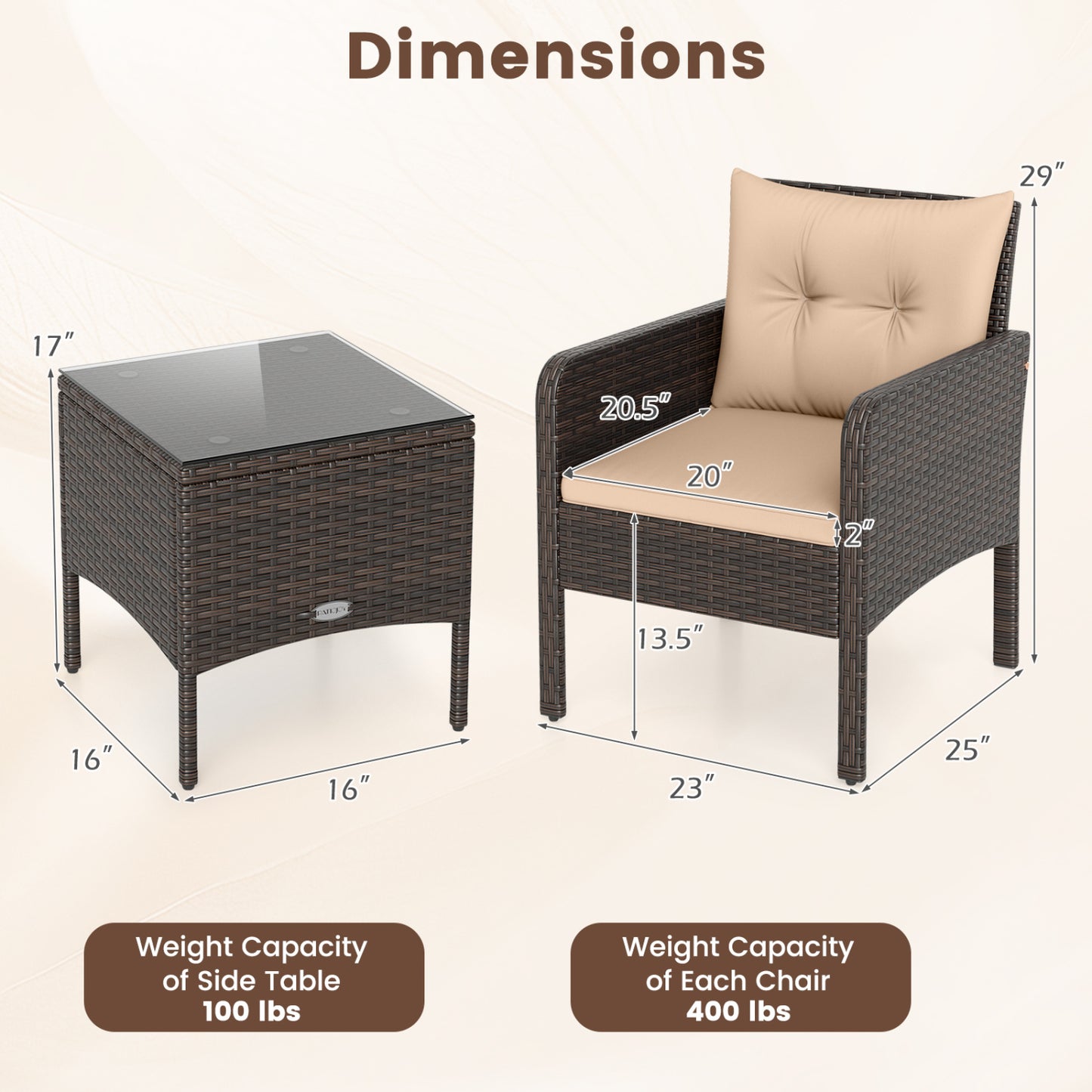3 Pieces Patio PE Wicker Furniture Set with Cushions for Porch and Balcony-Beige