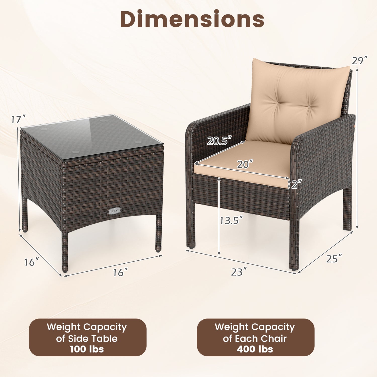 3 Pieces Patio PE Wicker Furniture Set with Cushions for Porch and Balcony-Beige