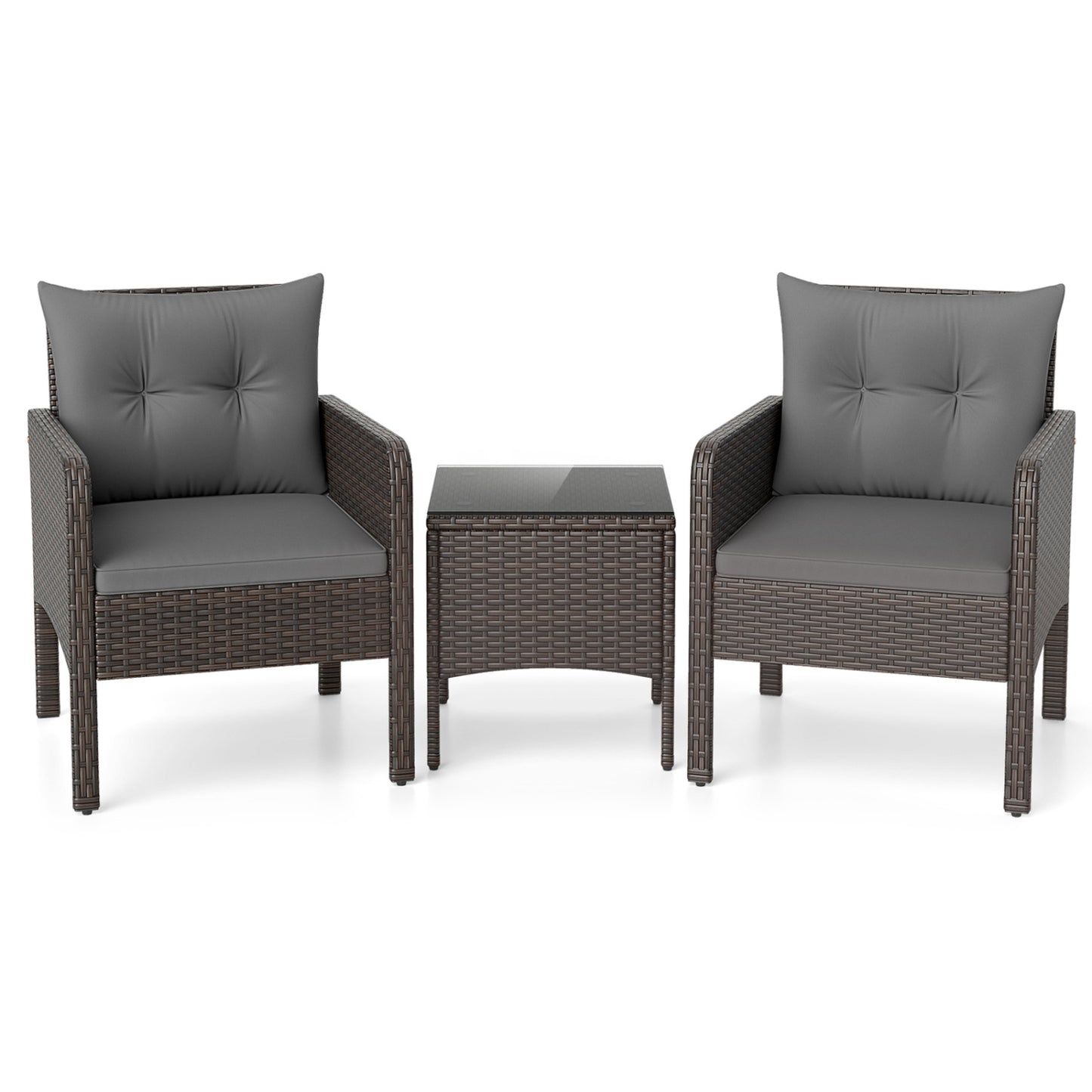 3 Pieces Patio PE Wicker Furniture Set with Cushions for Porch and Balcony-Gray