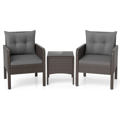 3 Pieces Patio PE Wicker Furniture Set with Cushions for Porch and Balcony-Gray
