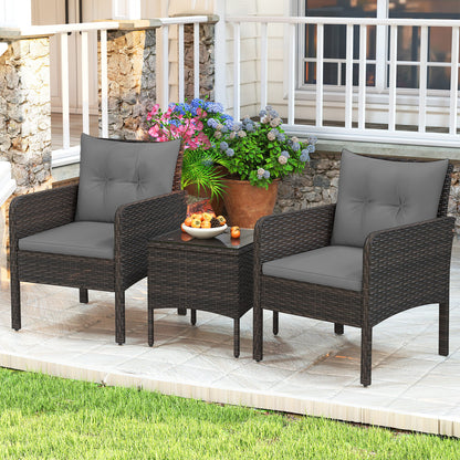 3 Pieces Patio PE Wicker Furniture Set with Cushions for Porch and Balcony-Gray