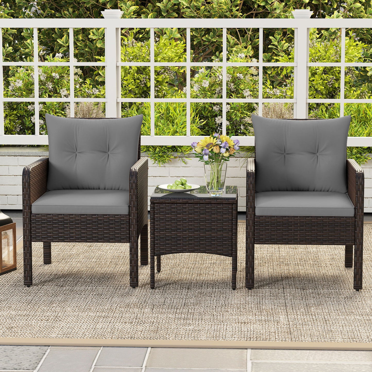 3 Pieces Patio PE Wicker Furniture Set with Cushions for Porch and Balcony-Gray