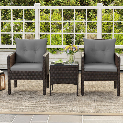 3 Pieces Patio PE Wicker Furniture Set with Cushions for Porch and Balcony-Gray
