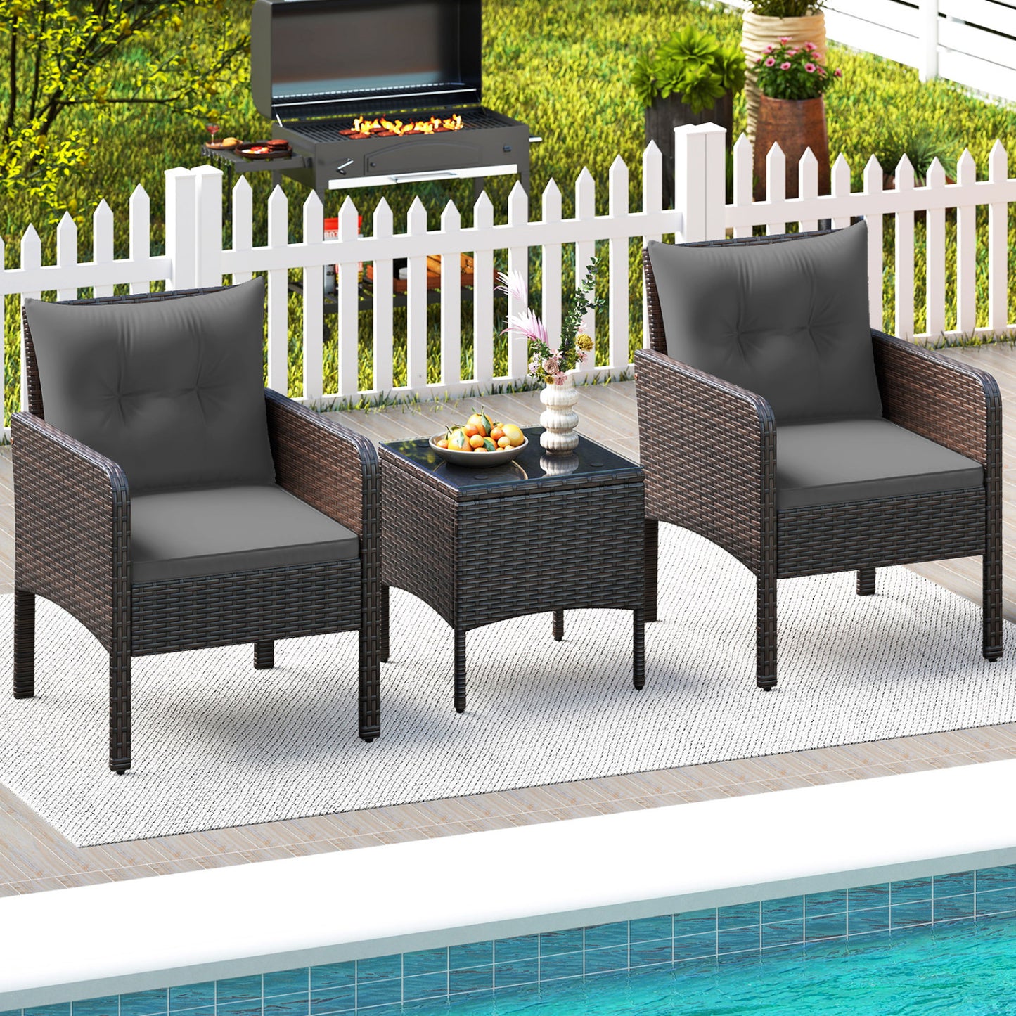 3 Pieces Patio PE Wicker Furniture Set with Cushions for Porch and Balcony-Gray