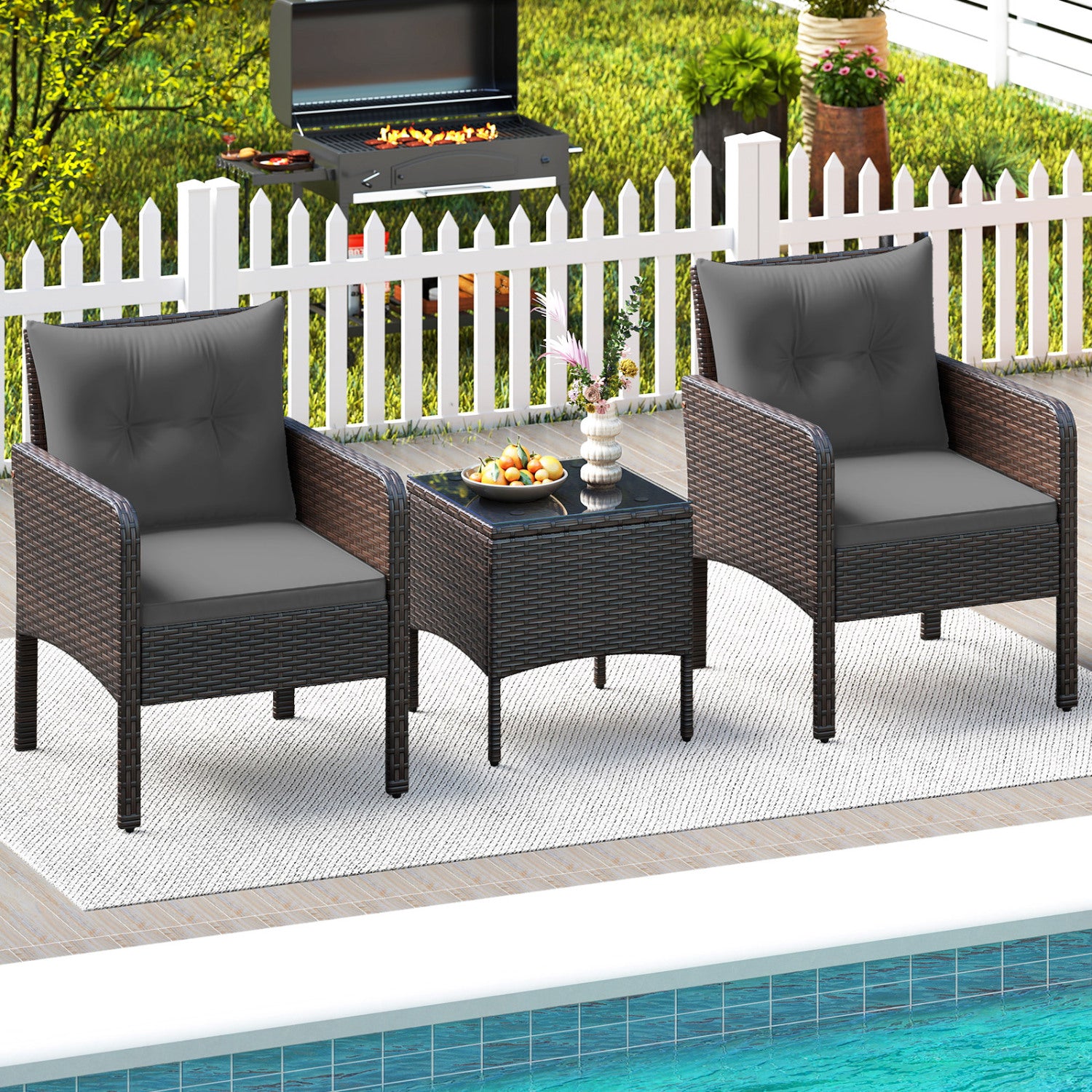 3 Pieces Patio PE Wicker Furniture Set with Cushions for Porch and Balcony-Gray