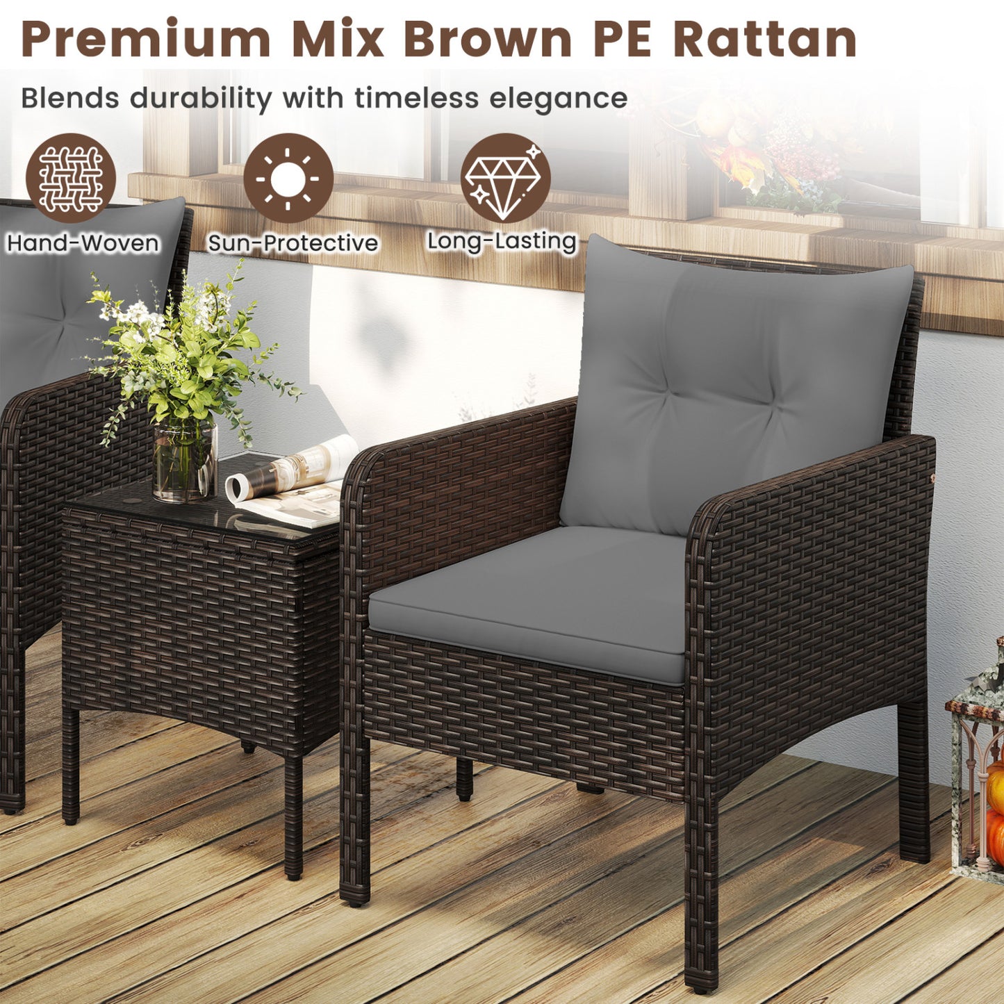 3 Pieces Patio PE Wicker Furniture Set with Cushions for Porch and Balcony-Gray