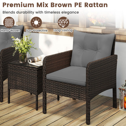 3 Pieces Patio PE Wicker Furniture Set with Cushions for Porch and Balcony-Gray