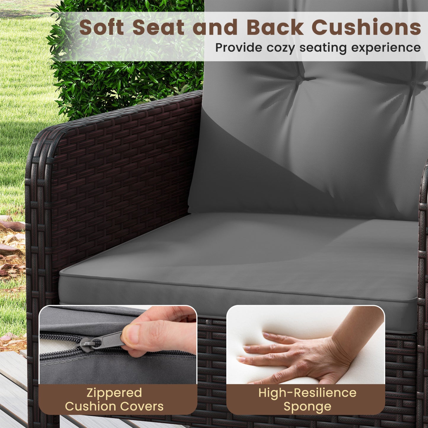 3 Pieces Patio PE Wicker Furniture Set with Cushions for Porch and Balcony-Gray