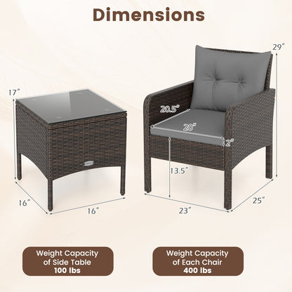 3 Pieces Patio PE Wicker Furniture Set with Cushions for Porch and Balcony-Gray