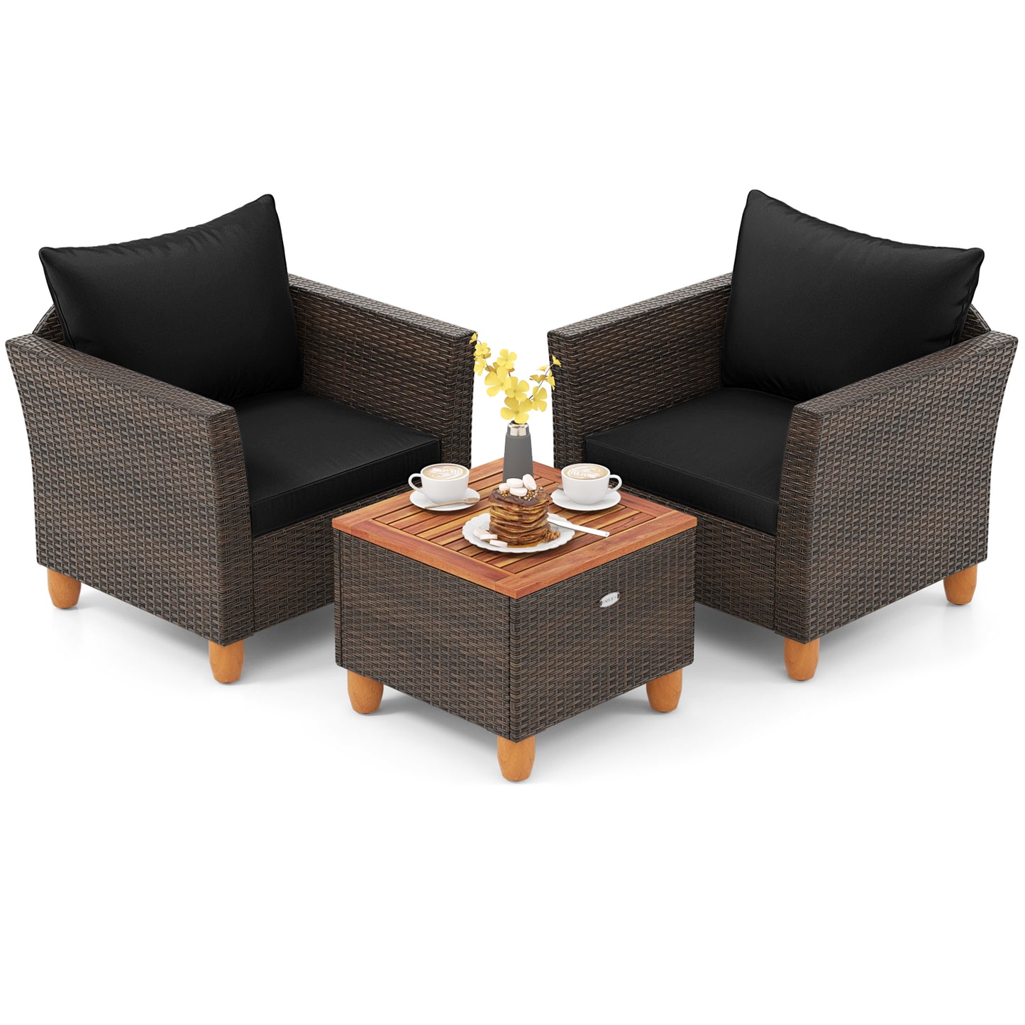 3 Pieces Patio PE Wicker Furniture Set with Cushions and Acacia Wood Storage Coffee Table-Black - Black