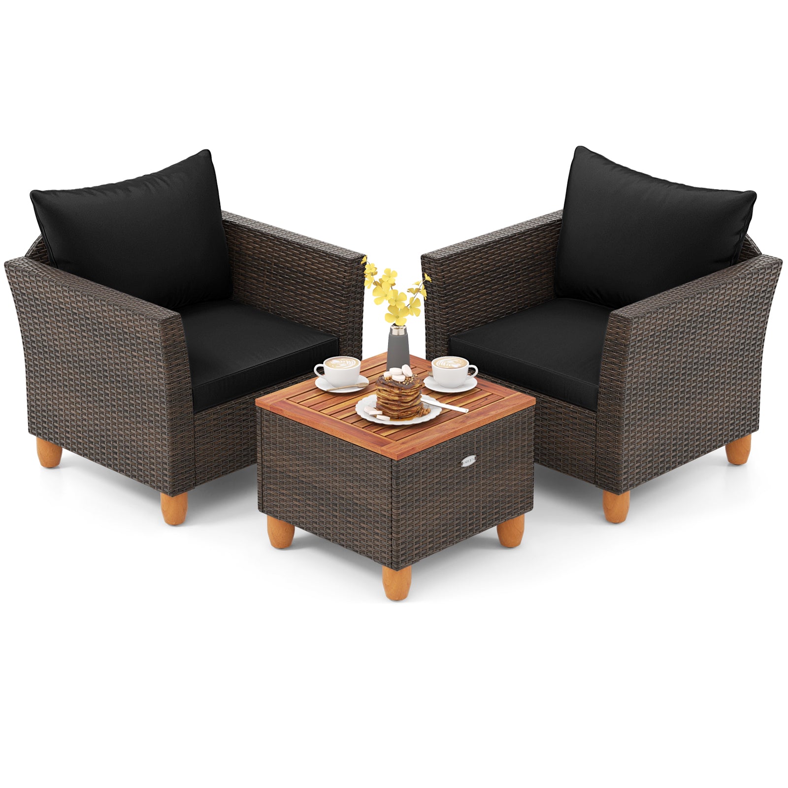 3 Pieces Patio PE Wicker Furniture Set with Cushions and Acacia Wood Storage Coffee Table-Black - Black