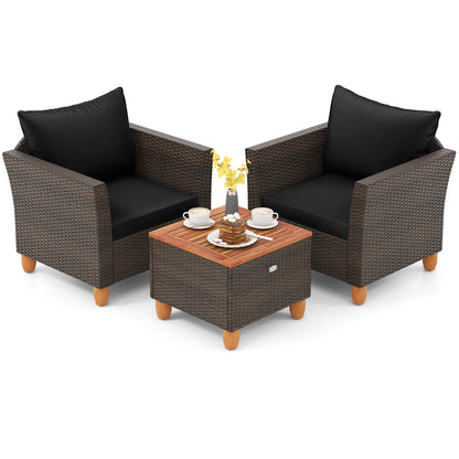 3 Pieces Patio PE Wicker Furniture Set with Cushions and Acacia Wood Storage Coffee Table-Black - Black