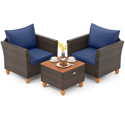 3 Pieces Patio PE Wicker Furniture Set with Cushions and Acacia Wood Storage Coffee Table-Black - Navy