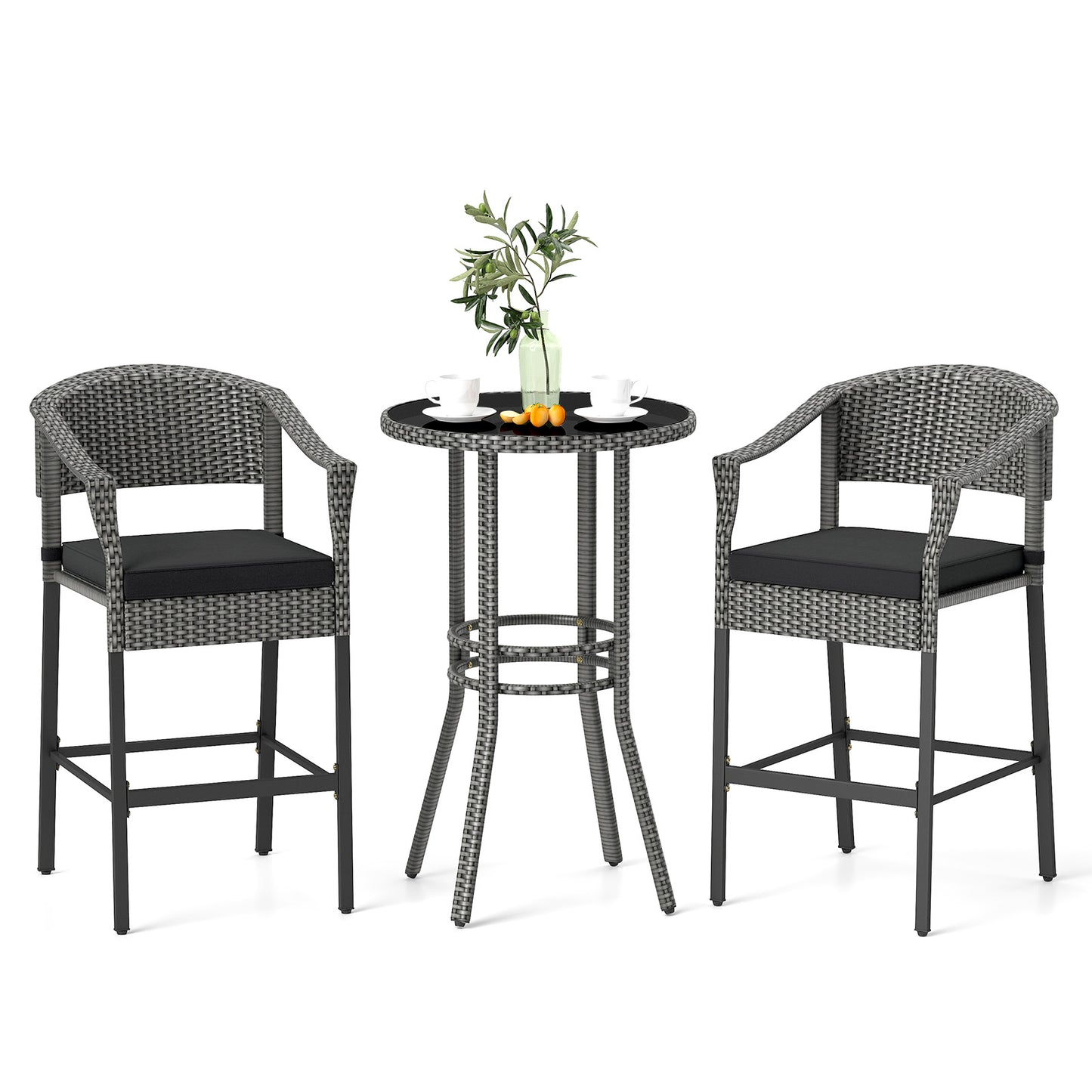 3-Piece Patio Rattan Bar Set with Tempered Glass Top for Backyard Poolside-Gray - Gray
