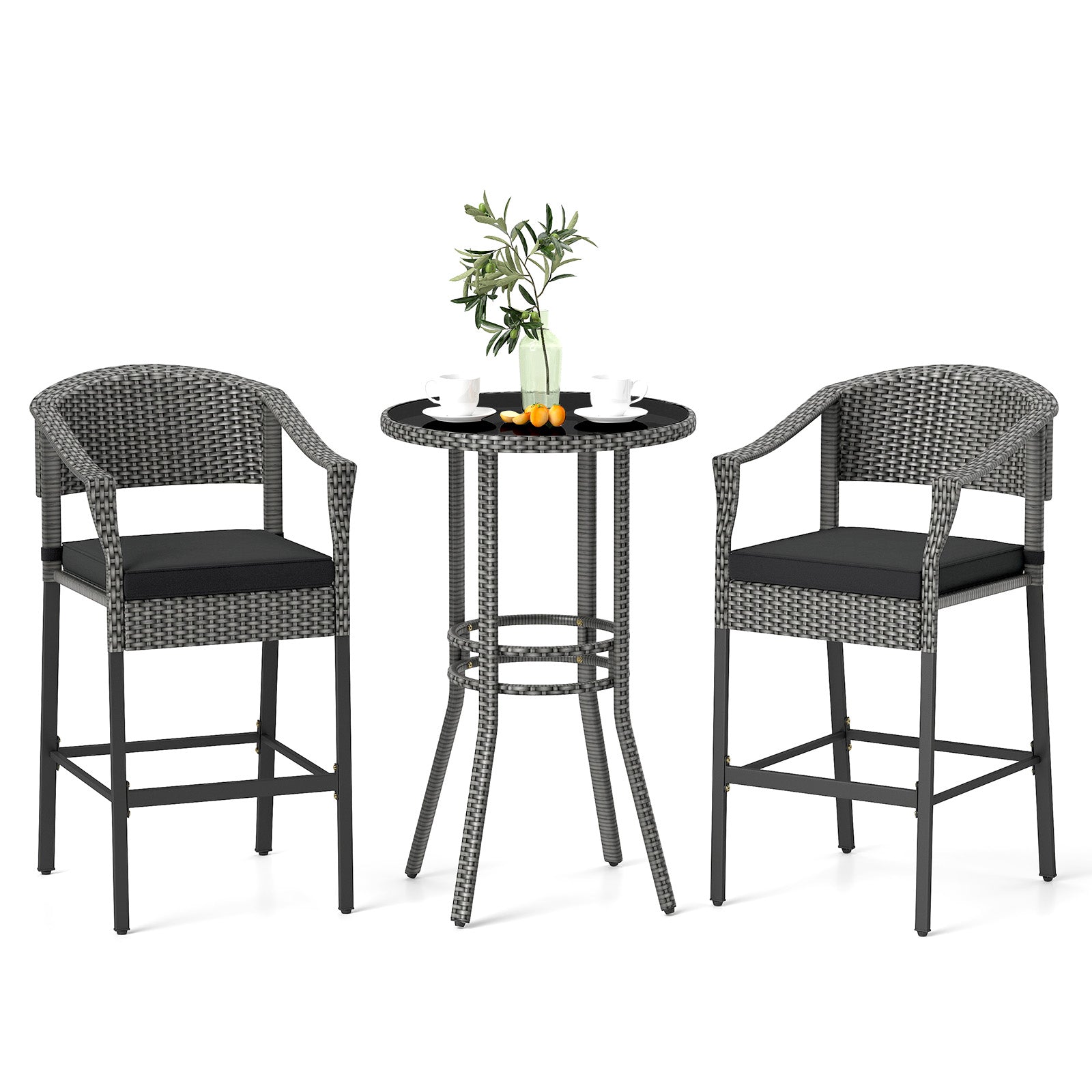 3-Piece Patio Rattan Bar Set with Tempered Glass Top for Backyard Poolside-Gray - Gray