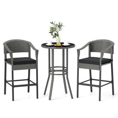 3-Piece Patio Rattan Bar Set with Tempered Glass Top for Backyard Poolside-Gray - Gray